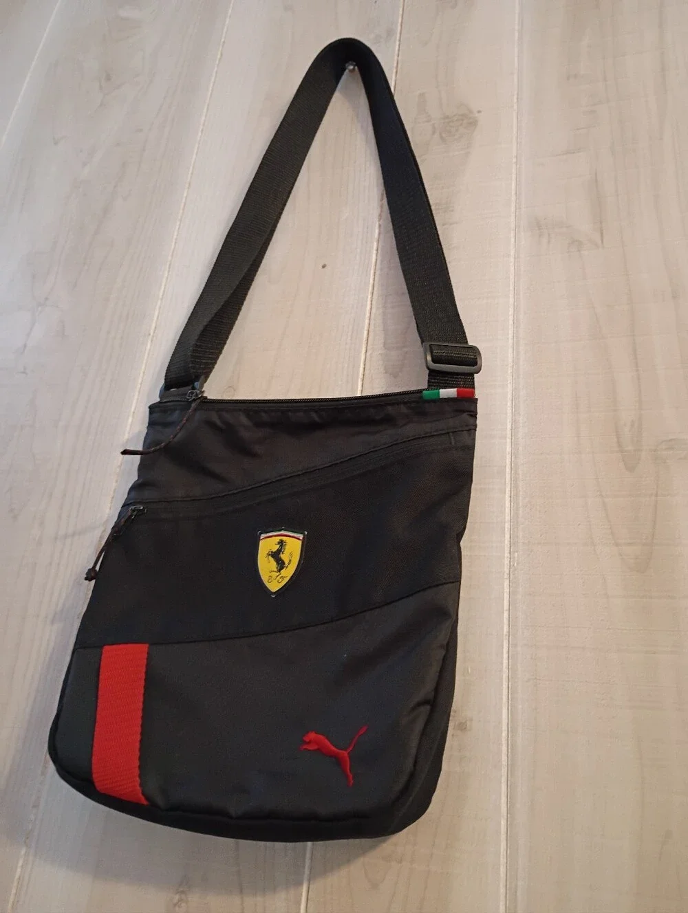 PUMA Scuderia Ferrari Adjustable Crossbody Black Shoulder Bag with Red Accents